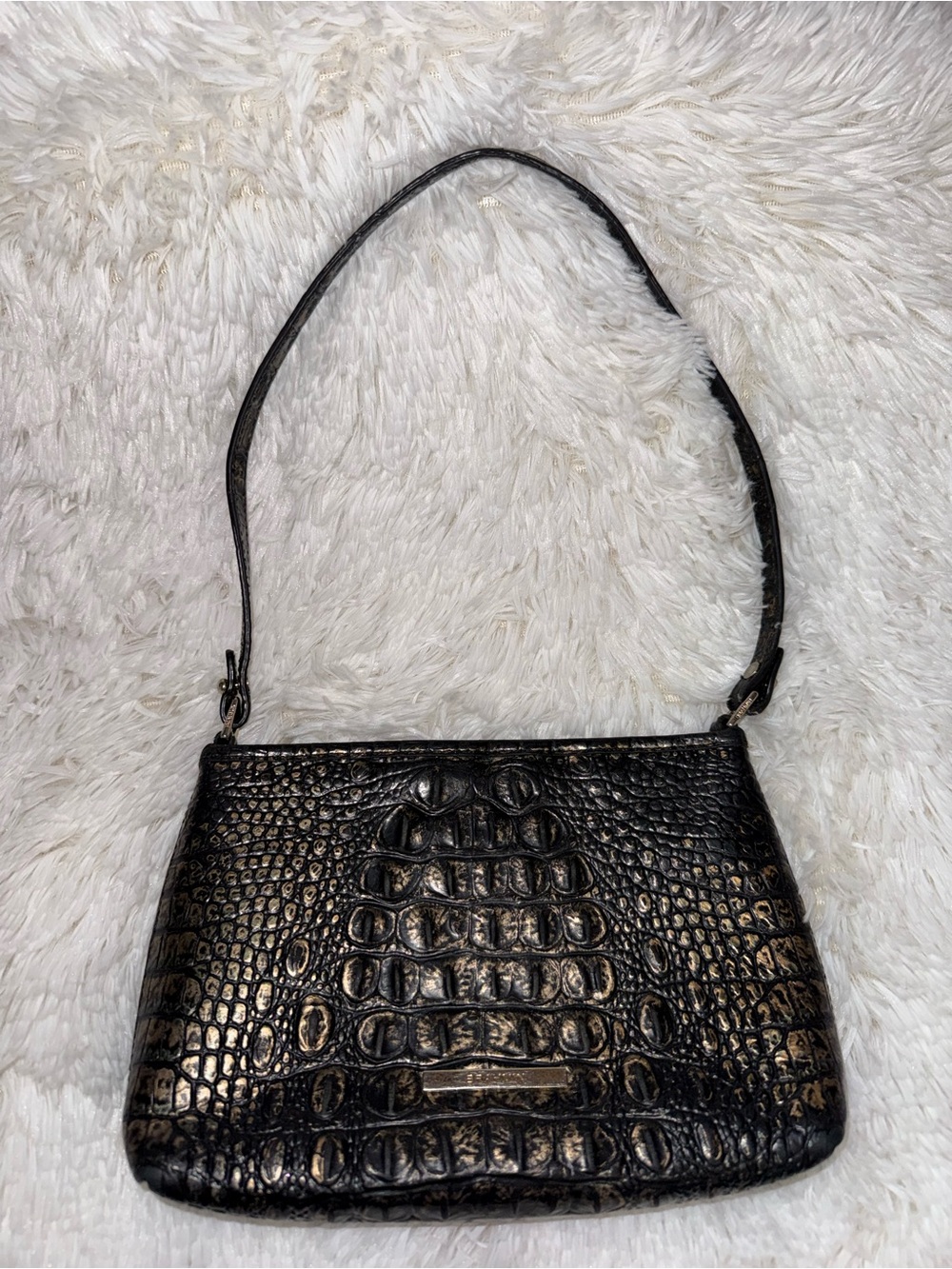 Brahmin Anytime Mini Black Metallic Green Gold Croc Embossed Shoulder Bag
